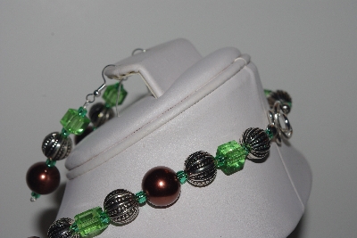 +MBAMG #019-235  "One Of a Kind Brown,Green & German Silver Bead Necklace & Earring Set"
