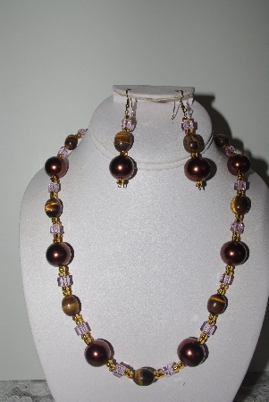 +MBAMG #019-154  "One Of A Kind Tiger Eye,Brown & Pink Bead Necklace & Earring Set"