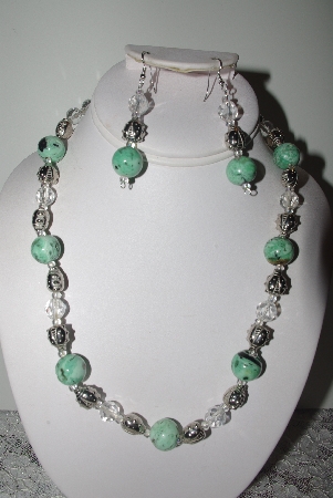+MBAMG #019-230  "One Of A Kind Green Turquoise ,Crystal Quartz & German Silver Bead Necklace & Earring Set"