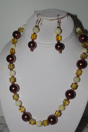 +MBAMG #019-245  "One Of A Kind Brown & Yellow Bead Necklace & Earring Set"