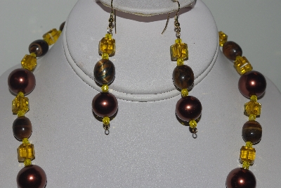 +MBAMG #019-240  "One Of A Kind Brown,Yellow & Tiger Eye Bead Necklace & Earring Set"