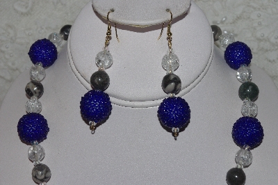 +MBAHB #24-018  "One Of A Kind Blue, Clear & Fossel Jasper Bead Necklace & Earring Set"