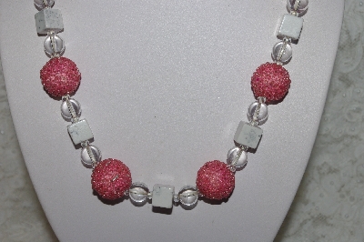 +MBAHB #24-038  "One Of A Kind Pink, Clear & White Howlite Gemstone Bead Necklace & Earring Set"