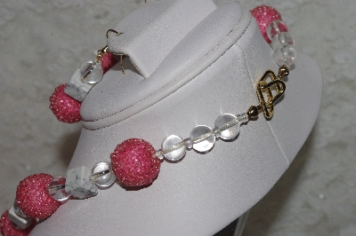 +MBAHB #24-038  "One Of A Kind Pink, Clear & White Howlite Gemstone Bead Necklace & Earring Set"