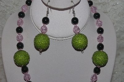 +MBAHB #24-147  "One Of A Kind Green, Pink & Green Jade Bead Necklace & Earring Set"