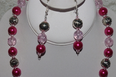 +MBAHB #24-228  "One Of A Kind Pink & German Silver Bead Necklace & Earring Set"