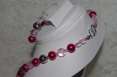 +MBAHB #24-228  "One Of A Kind Pink & German Silver Bead Necklace & Earring Set"