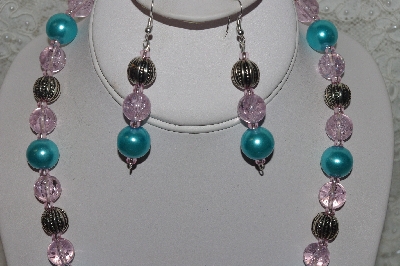 +MBAHB #24-197  "One Of A Kind Blue,Pink & German Silver Bead Necklace & Earring Set"