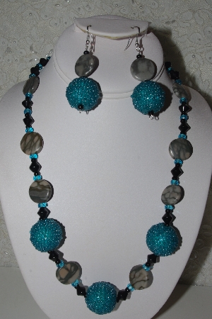 +MBAHB #31-045  "One Of A Kind Blue, Grey & Black Bead Necklace & Earring Set"
