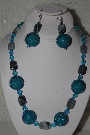 +MBAHB #31-063  "One Of A Kind Blue & Grey Bead Necklace & Earring Set"