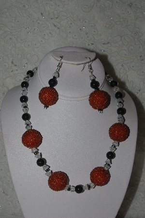 +MBAHB #31-110  "One Of A Kind Orange, Clear & Dk Jade Bead Necklace & Earring Set"