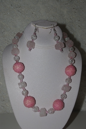 +MBAHB #31-126  "One Of A Kind Pink, Clear & Rose Quartz Nugget Bead Necklace & Earring Set"
