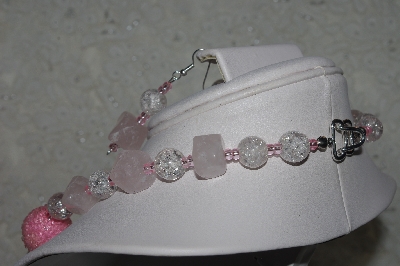 +MBAHB #31-126  "One Of A Kind Pink, Clear & Rose Quartz Nugget Bead Necklace & Earring Set"