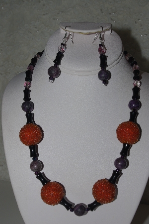+MBAHB #31-136  "One Of A Kind Orange, Black & Purple Bead Necklace & Earring Set"