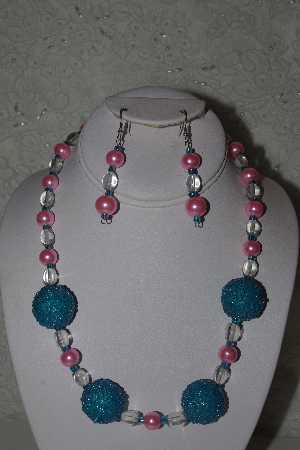 +MBAHB #31-188  "One Of a Kind Pink, Blue & Clear Bead Necklace & Earring Set"