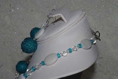 +MBAHB #31-184  "One Of A Kind Blue, Clear & White Bead Necklace & Earring Set"