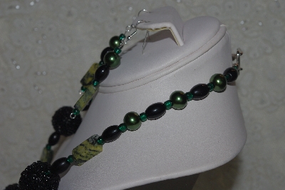 +MBAHB #31-173  "One Of A Kind Black, Green & Yellow Turquoise Bead Necklace & Earring Set"