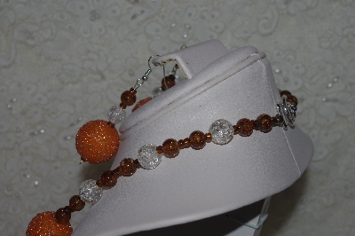 +MBAHB #32-013  "One Of A Kind Orange, Clear & Brown Bead Necklace & Earring Set"