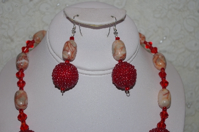 +MBAHB #32-029  "One Of A Kind Red Glass Bead & Marble Necklace & Earring Set"
