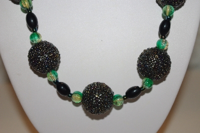 +MBAHB #32-133  One Of A Kind Green & Black Bead Necklace & Earring Set"
