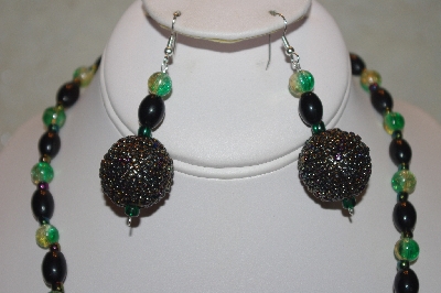 +MBAHB #32-133  One Of A Kind Green & Black Bead Necklace & Earring Set"