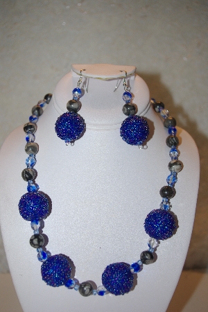 +MBAHB #32-144  "One Of A Kind Blue & Grey Bead Necklace & Earring Set"
