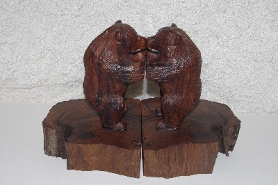 +MBAMG #099-271  "Large Hand Carved Grizzly Rose Wood Bookends"