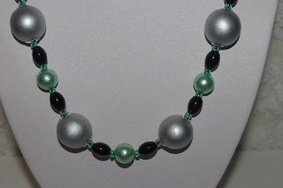 +MBAHB #00013-8476 "One Of A Kind Green, Silver & Black Bead Necklace & Earring Set"