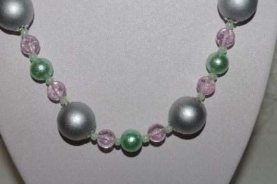 +MBAHB #00013-8466  "One Of A Kind Silver, Green & Pink Bead Necklace & Earring Set"