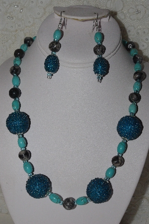 +MBAHB #00013-8496  "One Of A Kind Blue & Grey Bead Necklace & Earring Set"