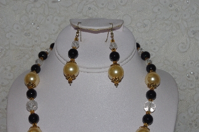 +MBAHB #00014-8726  "One Of A Kind Gold, Clear & Black Glass Bead Necklace & Earring Set"