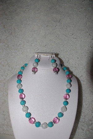 +MBAHB #00014-8707  "One OF A Kind Pink, Clear & Blue Bead Necklace & Earring Set"