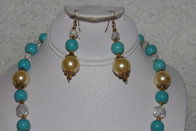 +MBAHB #00014-8697  "One Of A Kind Gold, Clear & Blue Bead Necklace & Earring Set"