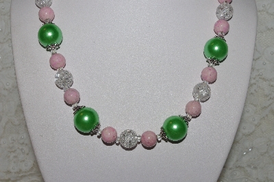 +MBAHB #00014-8687  "One Of A Kind Green, Pink & Clear Bead Necklace & Earring Set"