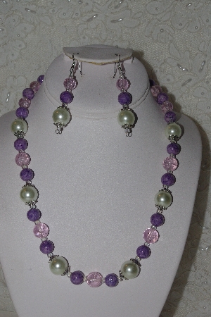 +MBAHB #00014-8767  "One Of A Kind Pink,Lavender & Cream Bead Necklace & Earring Set"