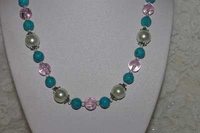 +MBAHB #00014-8752  "One Of A Kind Pink,Blue & Cream Colored Bead Necklace & Earring Set"