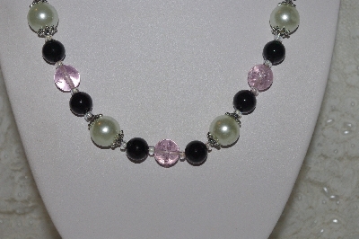 +MBAHB #00014-8746  "One Of A Kind Black, Pink & Cream Bead Necklace & Earring Set"