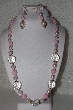 +MBAHB #00015-9011  "Fancy Pink & Clear Glass Bead Necklace & Earring Set