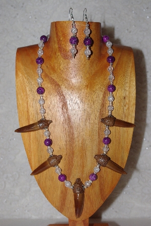 +MBAAC #02-9675  "Capped Valley Oak Acorn Beads & Clear & Violet Bead Necklace & Earring Set"