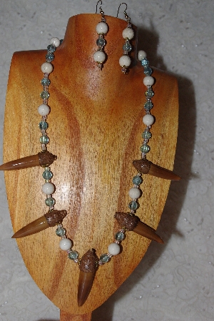 +MBAAC #02-9762  "Valley Oak Acorn Beads,White & Blue Bead Necklace & Earring Set"