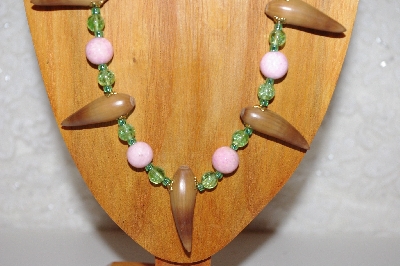 +MBAAC #02-9776  "Valley Oak Acorn Beads, Pink & Green Bead Necklace & Earring Set"