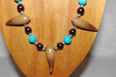 +MBAAC #02-9795  "Valley Oak Acorn Beads, Brown & Blue Bead Necklace & Earring Set"