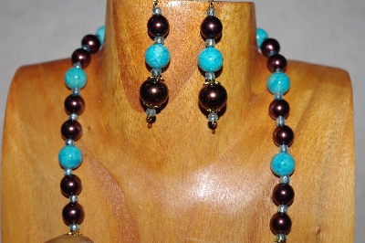 +MBAAC #02-9795  "Valley Oak Acorn Beads, Brown & Blue Bead Necklace & Earring Set"