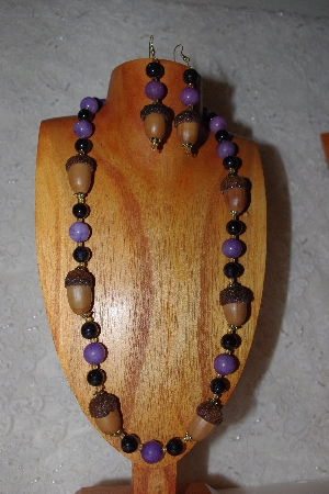 +MBAAC #02-9827  "White Oak Acorn Beads, Purple & Black Bead Necklace & Earring Set"