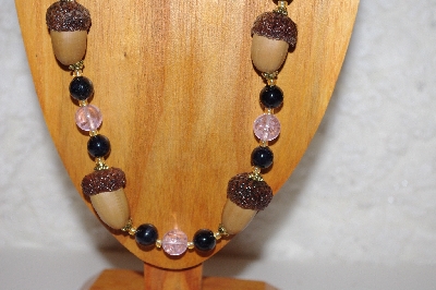 +MBAAC #02-9833  "White Oak Acorn Beads, Pink & Black Bead Necklace & Earring Set"