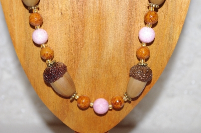 +MBAAC #02-9837   "White Oak Acorn Beads, Pink & Brown Bead Necklace & Earring Set"