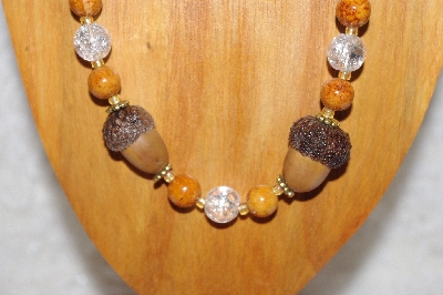 +MBAAC #02-9842  "White Oak Acorn Beads, Brown & Clear Bead Necklace & Earring Set"