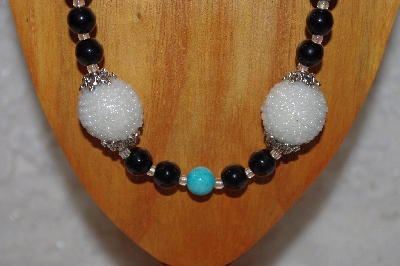 +MBAAC #02-9853  "Pearl White Hand Made Cluster Beads, Blue & Black Bead Necklace & Earring Set"