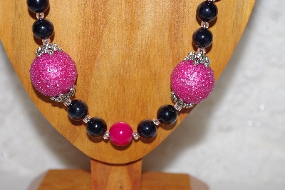 +MBAAC #02-9878  "Pink Seed Bead Cluster Beads, Rose & Black Bead Necklace & Earring Set"