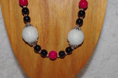 +MBAAC #02-9893  "Pearl White Cluster Beads, Rose & Black Bead Necklace & Earring Set"